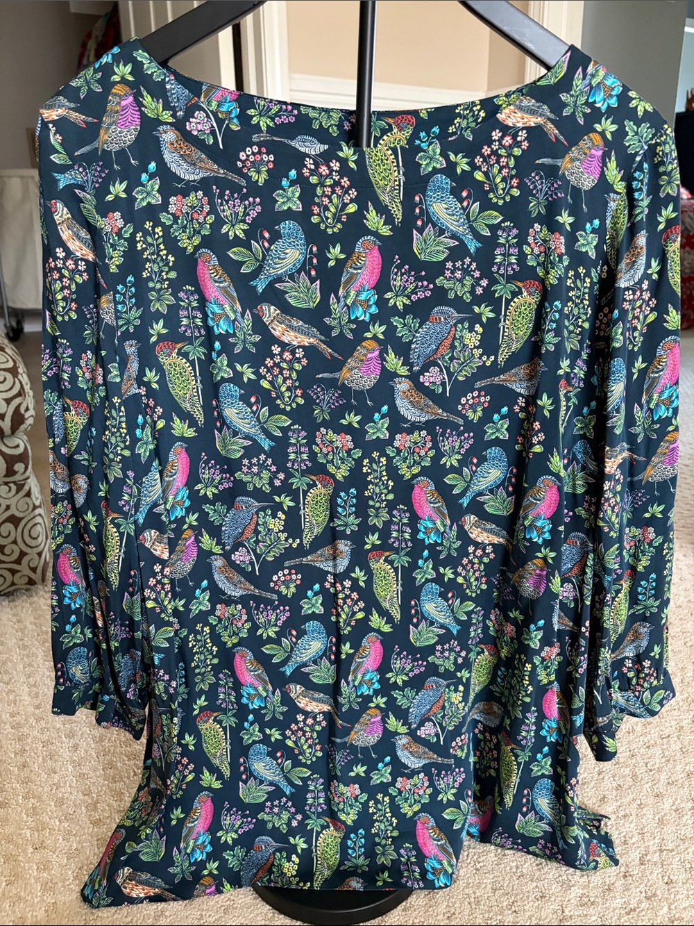 J. Jill Navy Blouse with Multicolor Bird & Floral Print